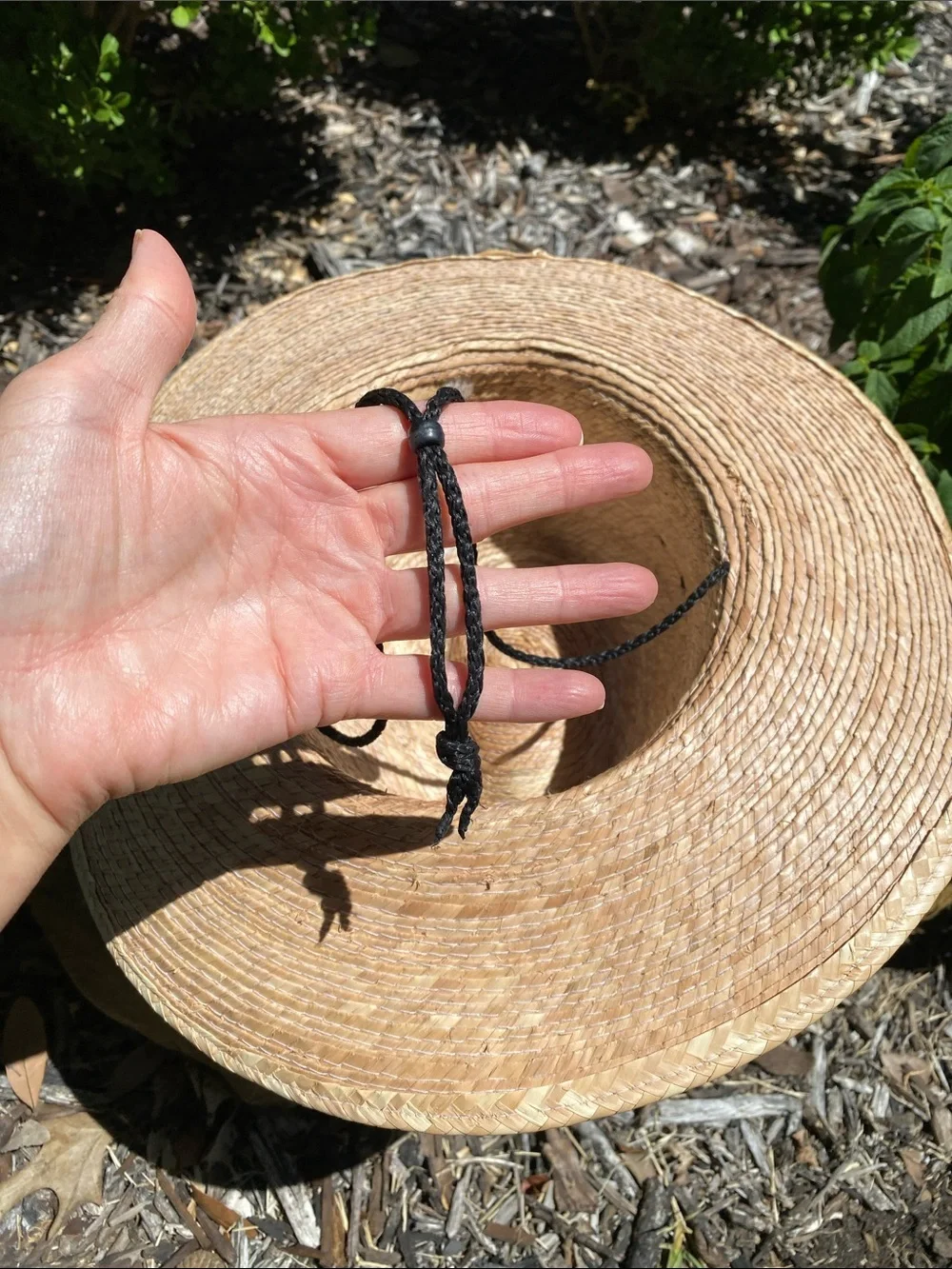 Women's Palm Leaf Straw Wide Brim Sun Hat with Blue Linen Hatband & Chinstrap